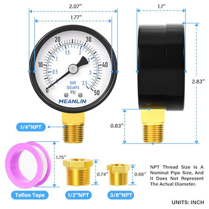 0-50Psi 2" DIAL FACE 1/4" NPT Well Pump Pressure Gauge, with 1/2" NPT and 3/8" NPT Hex Bushing, 3-2-3% Accuracy, Lower Mount - size: 0-50Psi, style: 1/4"NPT Lower Mount