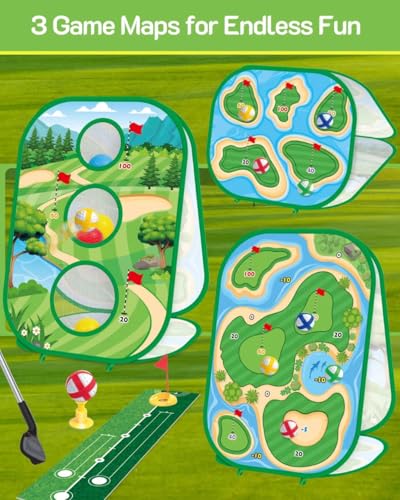 4-In-1 Kids Sticky Golf Games Set With Club, Golf Putting Practice Mat,3-Sided Golf Chipping Net, Multiple Game Modes, Golf Cornhole Board Set, Indoor & Outdoor Golf Practice For Kids & Adults