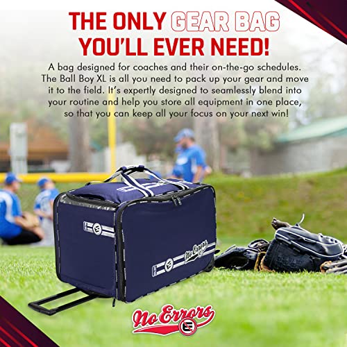 No Errors Ball Boy XL Wheeled Baseball Coaches Bag - Heavy Duty Baseball and Softball Bag for Coaches - Holds Two 6 Gallon Ball Buckets and Coaching Equipment - color: Navy