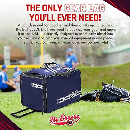 No Errors Ball Boy XL Wheeled Baseball Coaches Bag - Heavy Duty Baseball and Softball Bag for Coaches - Holds Two 6 Gallon Ball Buckets and Coaching Equipment - color: Navy