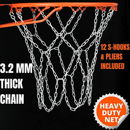 Basketball Net Heavy Duty Metal Chain Replacement with 12 S-Hooks and Set of Pliers to Tighten Hooks | Rustproof Galvanized Iron 21-Inch (53 cm) Net (2.5)