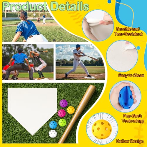 Mototo 7-Pieces Rubber Baseball Bases Set, 16 in Throw Down Home Plate with Plastic Practice Softballs Baseball Rubber Bases for Yard Backyard School Kickball Tball Field Batting Training - style: White, Multicolor Balls