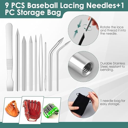 Coitak Baseball Glove Lace Kit, Baseball Glove Repair Lacing Kit Include 2 Leather Laces 78.74 inch 10 Lace Locks 9 Glove Lacing Needles with Needle Bag
