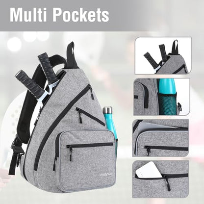 MOSISO Pickleball Bag for Women Men, Pickleball Backpack Sports Pickle Ball Paddle Daypack with 3 Front Pockets, Crossbody Sling Bag for Paddle Tennis Racket, Gray