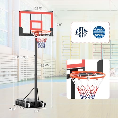 GYMAX Basketball Hoop Outdoor, 3.3-7/10 FT Adjustable Portable Basketball Goal with Wheels, PC Backboard, Fillable Base for Kids, Youth & Adults in Backyard, Driveway, Pool