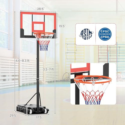GYMAX Basketball Hoop Outdoor, 3.3-7/10 FT Adjustable Portable Basketball Goal with Wheels, PC Backboard, Fillable Base for Kids, Youth & Adults in Backyard, Driveway, Pool