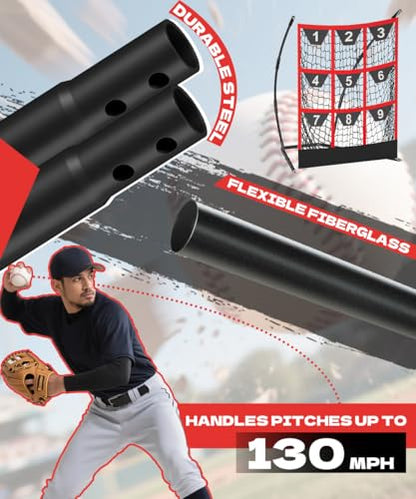 Queension 9 Hole Pitching Target Net with Strike Zone, Baseball Batting Net with Target Pockets, Pitching Net with Ground Stakes and Sandbags for Baseball Training - color: Black