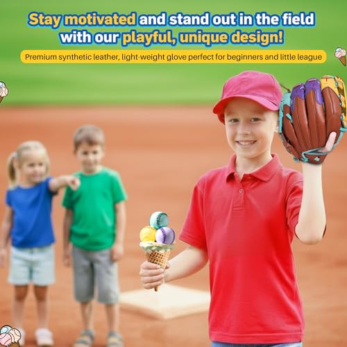 Ice Cream Baseball Glove - Safe, Lightweight Youth Baseball Glove - Adjustable Wrist Baseball Gloves Youth 8-12 - H Web Multi-Positions Boys & Girls Softball Glove - Ice Cream Baseball Gloves