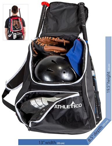 Athletico Baseball Bat Bag - Backpack for Baseball, T-Ball & Softball Equipment & Gear for Youth and Adults | Holds Bat, Helmet, Glove, & Shoes |Shoe Compartment & Fence Hook - color: Black