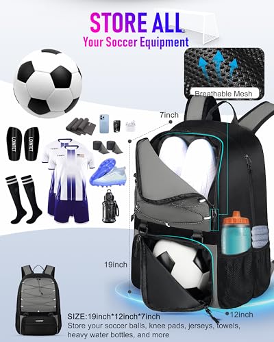 LOINTET Youth Soccer Bag, Soccer Backpack with Ball Compartment, Sports Equipment Training Bags Fits Basketball Football Volleyball and Accessories, Black - color: Grey
