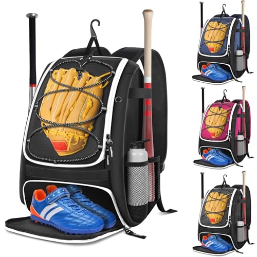 BROTOU Baseball Bag, Softball Bag for Baseballgear & T-Ball Bat, Baseball Backpack with Shoes Compartment for Men/Women - color: Black