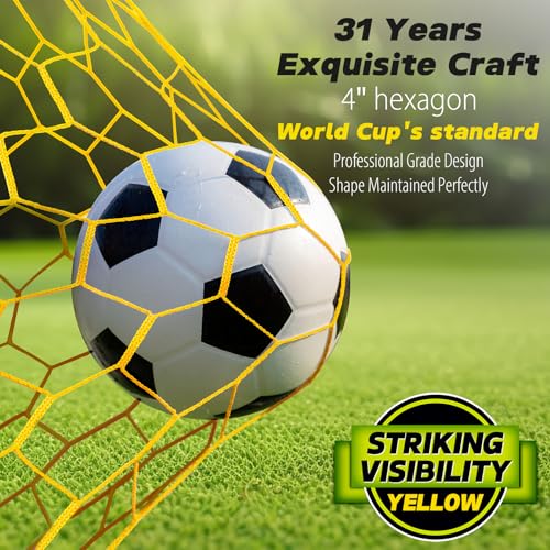 Professional Soccer Goal Replacement Net 24x8FT, 18.5x6.5FT, Upgraded Durability [4mm Nylon, 4" Hexagonal], Enhanced All-Weather, Higher Tensile Strength & More Abrasion Resistant (Net Only) - color: Yellow, size: Regular 18.5' W x 6.5' H x 3' D x 6.5' B