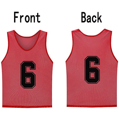 12 Pack（1-12） Numbered Pinnies/Soccer Training Bibs/Basketball Jerseys for Kids,Youth and Adults - color: 1-12 Red, size: Medium
