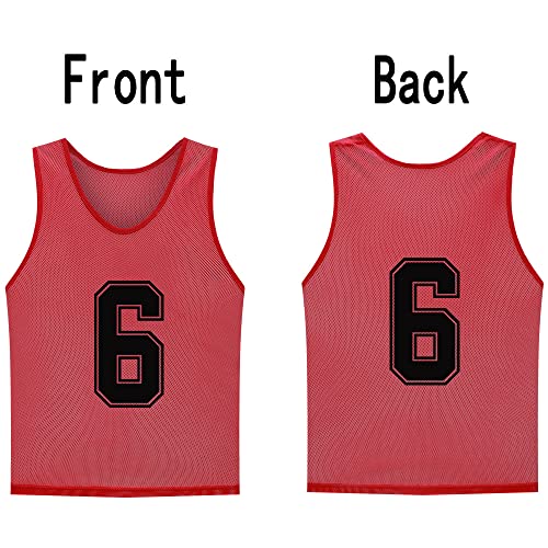 12 Pack（1-12） Numbered Pinnies/Soccer Training Bibs/Basketball Jerseys for Kids,Youth and Adults - color: 1-12 Red, size: Large