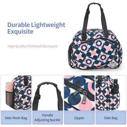 Boulder Bee Pickleball Bags, Premium Pickleball Tote Bag for Girls, Women’s Hand/Shoulder Gym Bag w Water Bottle Holder, with Pickleball Racquet/Paddle Holder - color: Pink and Blue Circle