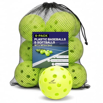 Tball Balls 6 Pack with Mesh Bag, Practice Baseballs for Hitting, 9 Inch Perforated Plastic Baseballs for Tee Ball, Coach Pitch, Hitting Drills