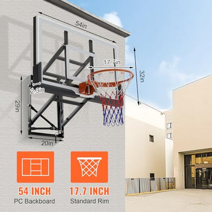 54 Inch Wall Mounted Basketball Backboard, Adjustable-Height Backboard and Rim Combo, Outdoor Wall Mount Basketball Hoop Fit Most Slanting Roofs
