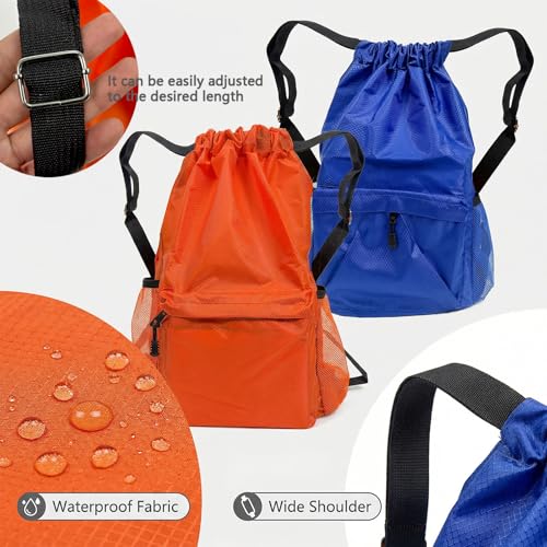 Drawstring Backpack 2 Pack, Water-Resistant Gym Bag with Water Bottle Pocket for Soccer Basketball, Sports, Lightweight Sports Backpack for Men Women (Orange+Blue)