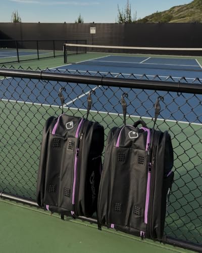 Detachable Pickleball Bag, Black with Purple Accents, Large Capacity, Multiple Compartments, Detachable Side Bag, Padded Straps for Paddles and Gear