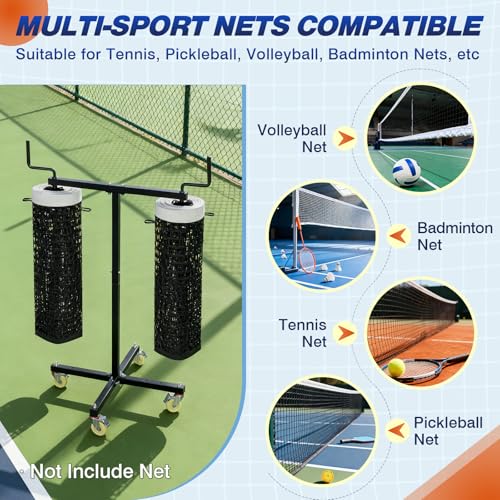 Movable Sports Net Storage Rack with Lockable Wheels, Heavy-Duty Holder for Volleyball, Tennis, Pickleball, Badminton Nets, Space-Saving Support Rack with Swivel Handle & Dust Covers - style: Holds 2 Nets