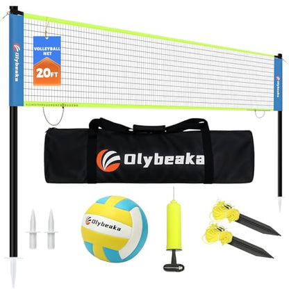 20FT Outdoor Volleyball Net Set System for Backyard Beach with Anti-Sagging Net, Iron Adjustable Height Poles, Soft PU Volleyball and Pump, Carry Bag - Instant Set Up & Durable - color: Blue and Green