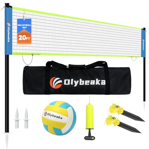20FT Outdoor Volleyball Net Set System for Backyard Beach with Anti-Sagging Net, Iron Adjustable Height Poles, Soft PU Volleyball and Pump, Carry Bag - Instant Set Up & Durable - color: Blue and Green