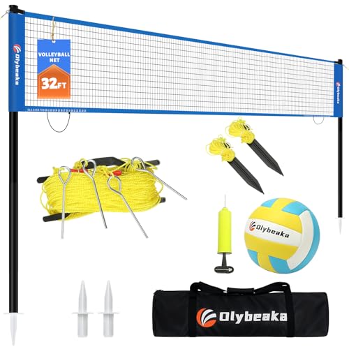 Portable Outdoor Volleyball Net Set for Backyard Beach with Adjustable Poles, Soft PU Volleyball & Pump, Carry Bag and Durable Anti-Sagging Net - color: Blue, size: 32ft