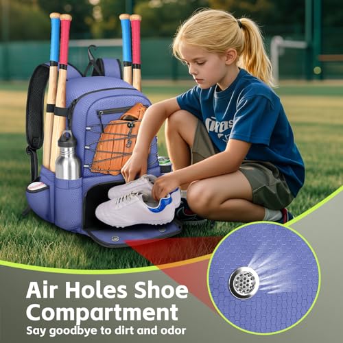 MATEIN Baseball Bat Bag for 4 Bats with Ball Pocket, Lightweight Youth Baseball Backpack with Shoe Compartment, Large Capacity Softball Equipment Bag with Fence Hook for TBall Gear, Helmet, Glove - color: Purple