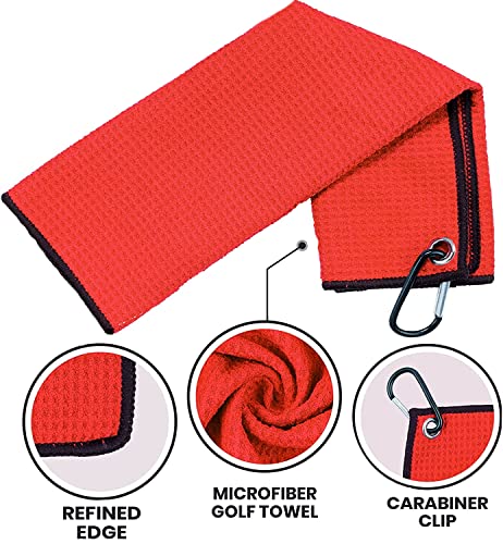 Golf Towel Pack - 3 Microfiber Waffle Pattern Golf Towels Including Golf Club Brush and Groove Cleaner Divot Repair Tool - color: Red