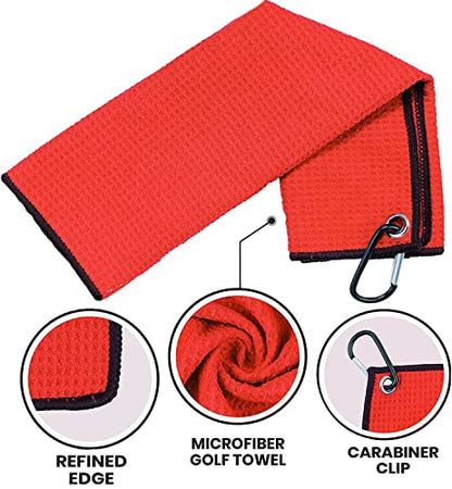 Golf Towel Pack - 3 Microfiber Waffle Pattern Golf Towels Including Golf Club Brush and Groove Cleaner Divot Repair Tool - color: Red