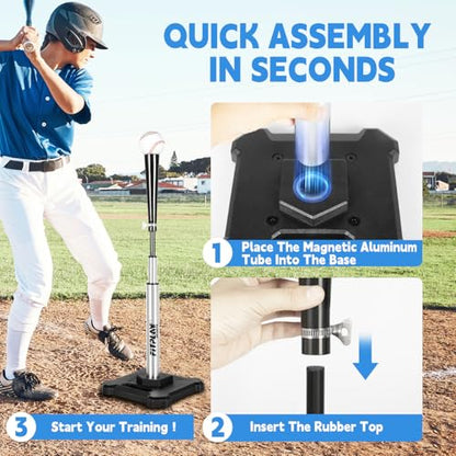 Baseball Softball Batting Tee – 25” to 43”Height Adjustable Hitting Tee with Heavy Metal Base, Durable Aluminum Stem & Rubber Top – Portable Baseball Tee for Batting Practice, Softball Tee Training