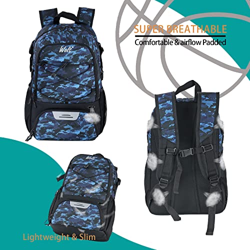 WOLT Basketball Backpack Large Sports Bag with Separate Ball Holder & Shoes Compartment, Best for Basketball, Soccer,Gym - color: Camouflage Blue
