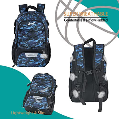 WOLT Basketball Backpack Large Sports Bag with Separate Ball Holder & Shoes Compartment, Best for Basketball, Soccer,Gym - color: Camouflage Blue