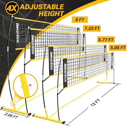 Dimples Excel 12x8 FT Professional Portable Volleyball Net Set with 4 Adjustable Height Levels (5.05–8 FT), Includes Volleyball, Pump, Carry Bag and Sandbags for Indoor/Outdoor Training