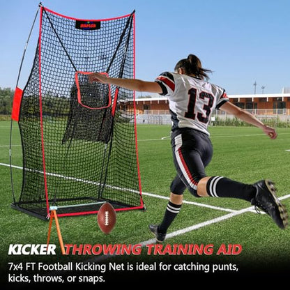 Kapler Football Kicking Net for Field Goals - 4x7FT Portable Football Net for Throwing with Target Zone Attachment and Holder Tee - Sideline Practice for Backyard Skill Improvement