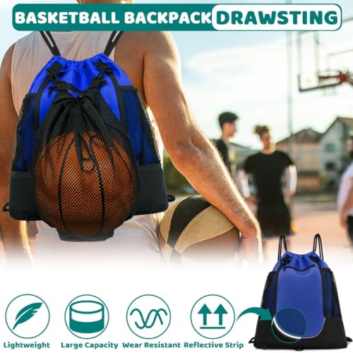 STAY GENT Drawstring Basketball Backpack for Boys, Foldable Soccer Backpack Gym Bag Sackpack Sports Sack with Detachable Ball Mesh Bag for Volleyball Baseball Yoga - color: Blue