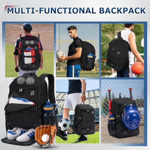 RAINSMORE Baseball Bag for Youth & Adult 40L Large Softball Bag Lightweight Baseball Backpack with Helmet Holder, Shoe Compartment, Fence Hook Waterproof Bat Bag for Baseball Softball Tball Equipment - color: Black