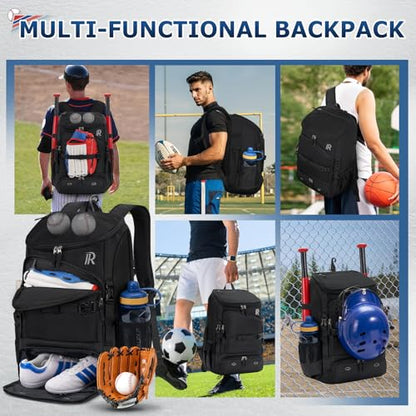 RAINSMORE Baseball Bag for Youth & Adult 40L Large Softball Bag Lightweight Baseball Backpack with Helmet Holder, Shoe Compartment, Fence Hook Waterproof Bat Bag for Baseball Softball Tball Equipment - color: Black