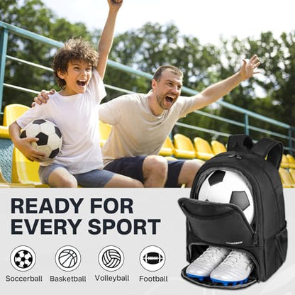 Soccer Backpack with Ball Compartment and Cleat Pocket, Water-Resistant Youth Sports Bag for Soccer Basketball Volleyball, Athletic Gear Bag for Teens & Junior Athletes