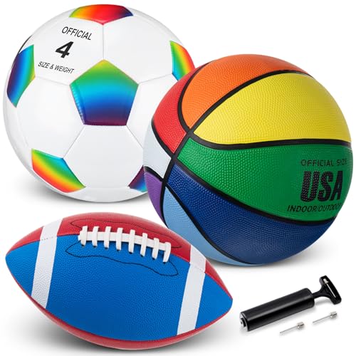 Libima 3 Pcs Sports Ball Set for Kids Teens Include Official Size Basketball Soccer Football with Pump and Carry Bag Training Practice Sport Back to School Gift - color: Colorful