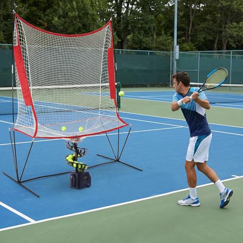 Pickleball Starter Kit with Automatic Ball Machine 10 Pickleballs Ball Recycling Net Carrying Bag, 5 Adjustable Angles 2 Power Level Portable Tennis Ball Pitching Machine