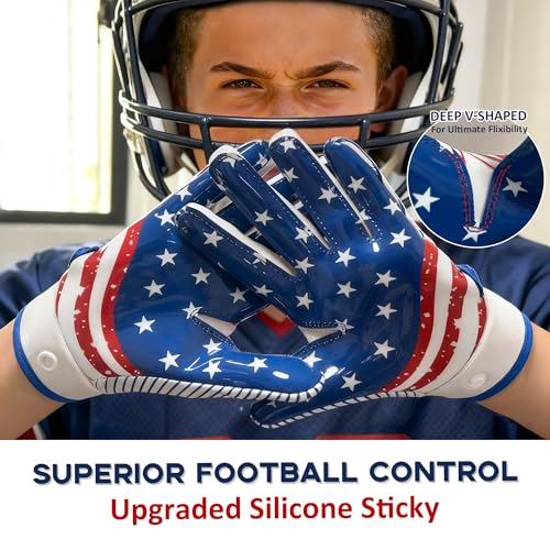 Youth Football Gloves for Boys Girls, Kids Receiver Gloves with Sticky Silicone Grip, Breathable Flag Football Gloves with Snap Button & Adjustable Wrist Strap for Practice Games - size: X-Small-Small