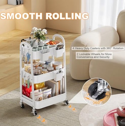 3 Tier Rolling Cart Metal with Wheels, Heavy Duty White Three Tiered Craft Cart Organizer on Wheels, Utility Roller Storage Carts for Art, Baby Nursery, Diaper Caddy, Snack,Book,Nail,Cleaning Supplies - color: Pure White