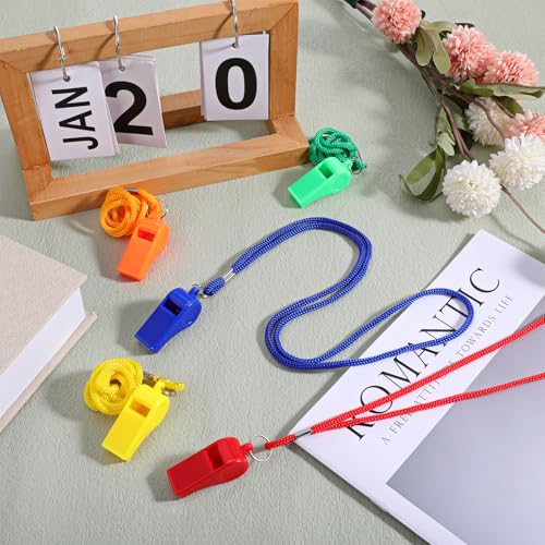 50 Pcs Mardi Gras Throws Plastic Whistles Bulk with Lanyard for Coach, Training Sports Whistles Mardi Gras Accessories Loud Crisp Sound Whistless Prize Gift for Birthday Party Games Survival Emergency