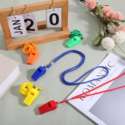 50 Pcs Mardi Gras Throws Plastic Whistles Bulk with Lanyard for Coach, Training Sports Whistles Mardi Gras Accessories Loud Crisp Sound Whistless Prize Gift for Birthday Party Games Survival Emergency