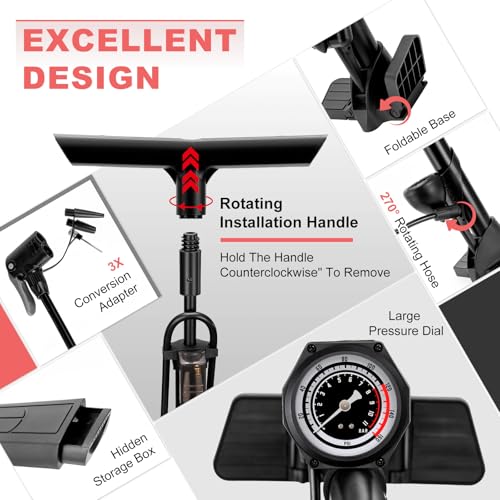 Hycline Bike Floor Pump with Gauge: Full Size 43inch 160 PSI High Pressure Bicycle Pumps - Durable Air Pump Fits Presta & Schrader Valve - Inflator for Road MTB Tire, Ball, Balloon, Inflatables