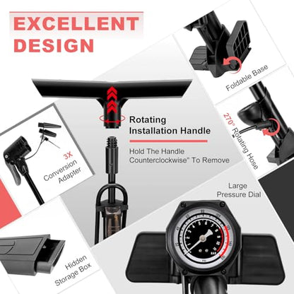 Hycline Bike Floor Pump with Gauge: Full Size 43inch 160 PSI High Pressure Bicycle Pumps - Durable Air Pump Fits Presta & Schrader Valve - Inflator for Road MTB Tire, Ball, Balloon, Inflatables
