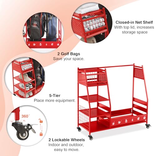 Lauren&Harold Golf Bag Organizer Garage Storage, Golf Storage Rack Stand Fits 2 Golf Bags, Golf Clubs and Other Golfing Equipment Accessories, Golf Organizer for Garage, Club, Shed, Basement