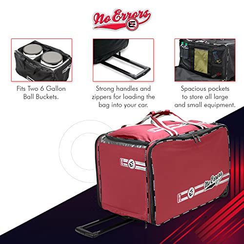 No Errors Ball Boy XL Wheeled Baseball Coaches Bag - Heavy Duty Baseball and Softball Bag for Coaches - Holds Two 6 Gallon Ball Buckets and Coaching Equipment - color: Red