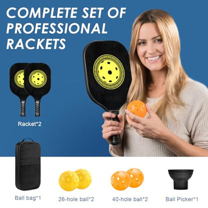 Pickle Ball Set Pickleball Paddles Set of 2 Carbon Fiber Pickleball Paddle Includes 4 Balls, 2 Ball Pickers, 1 Ball Bag Best Gifts for Junior and Professional Pickleball Equipment - color: Black